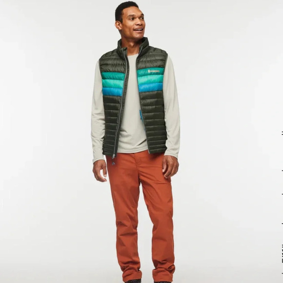 Cotopaxi Men's XL Fuego Down Vest Green Blue Woods Stripes NWT Puffy Puff Puffer - Picture 8 of 15